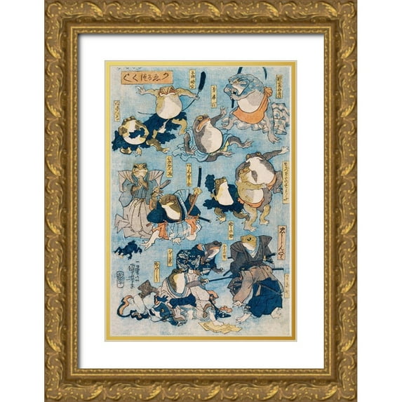 Kuniyoshi, Utagawa 13x18 Gold Ornate Wood Framed with Double Matting Museum Art Print Titled - Famous Heroes of the Kabuki Stage Played by Frogs