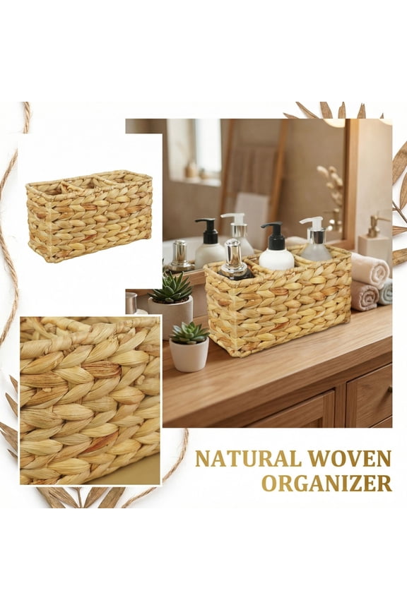 3-Compartment Woven Storage Basket, Multi-Functional Rattan-Style Organizer Bin, Rectangular Caddy for Bathroom Vanity, Desktop, Remote Control & Home Organization