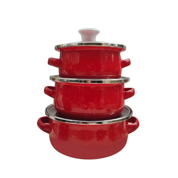 Kuntesetty 3 Pieces Enamel Pot Set Cooking Casserole Pot Gifts Multifuctional Double Handle red