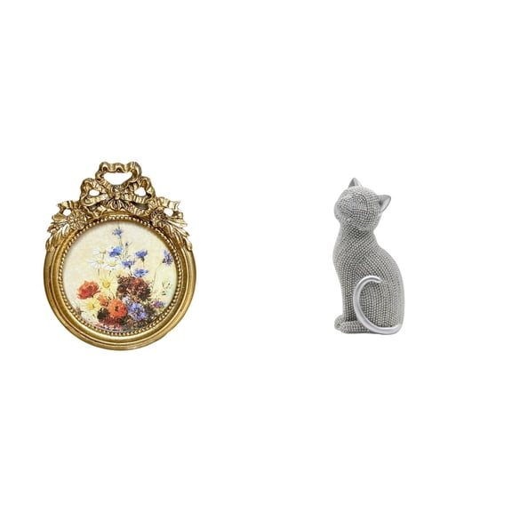 Kuntesetty Antique Cat Photo Frame Vintage Figurine Round Resin Ornate European Desktop Wall Display Sculpture for Wedding Gift Entrance Bookshelf Living Room Bedroom