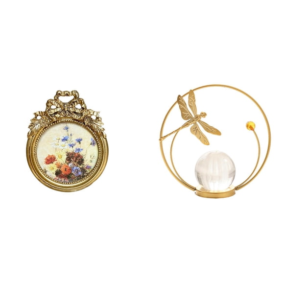 Kuntesetty Antique Crystal Photo Frame Vintage Ball Sculpture Round Metal Picture Frame Ornate European Desktop Wall Display Statue Stand for Wedding Gift Ideas Hallway Fireplace Bedroom Living