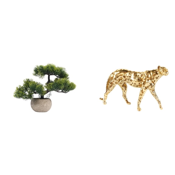 Kuntesetty Artificial Bonsai Tree Greenery Collection Faux Plant Centerpieces Gold Cheetah Figurine Animal Sculpture Tabletop Ornament for Office Home Decor