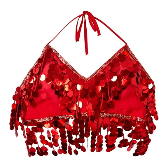 Kuntesetty Belly Dance Bra Top Clubwear Eye Catching Halloween Carnival Rave Sequin Bra Red