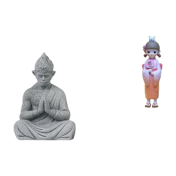 Kuntesetty Buddha Monkey Figurine Sun Wukong Sculpture Resin Asian Kabuki Geisha Doll Japanese Kimono Collectible Miniature for Hotel Patio Bedroom