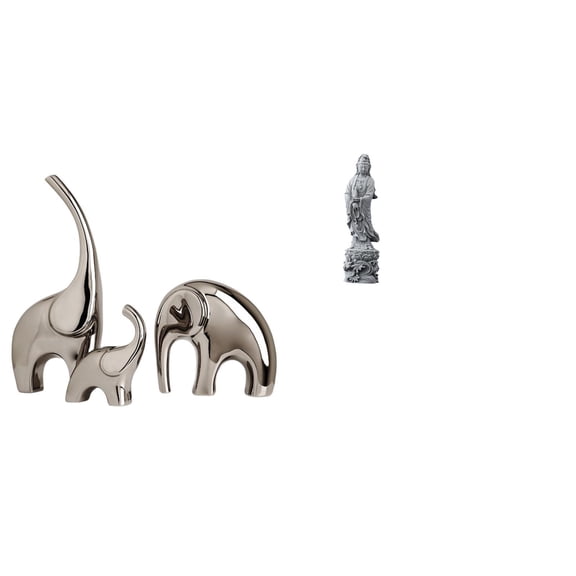 Kuntesetty Ceramic Elephant Family Figurines and Guan Yin Statue Stone Ornament Collectible Animal Sculpture for Home Shelf Feng Shui Buddhist Decoration Indoor Hallway Bedroom Fireplace Desktop