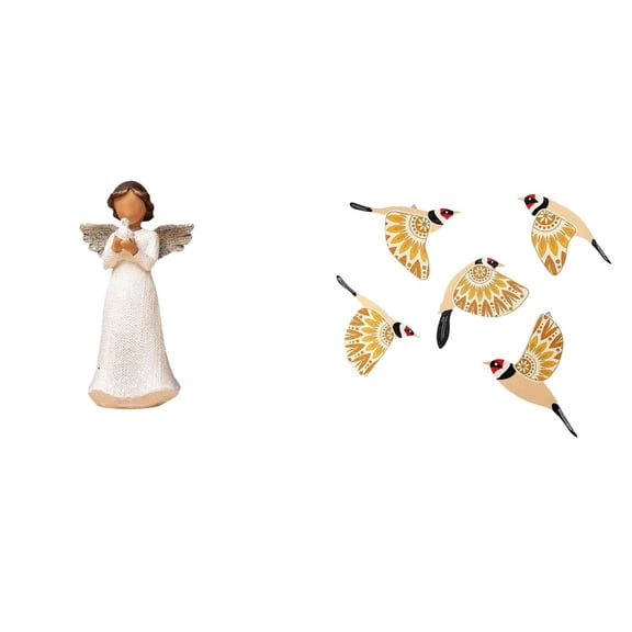 Kuntesetty Cherub Resin Sculpture with Pigeon and Wooden Bird Wall Art Ornament for Living Room Desk Bedroom Office Indoor Decorative Gift