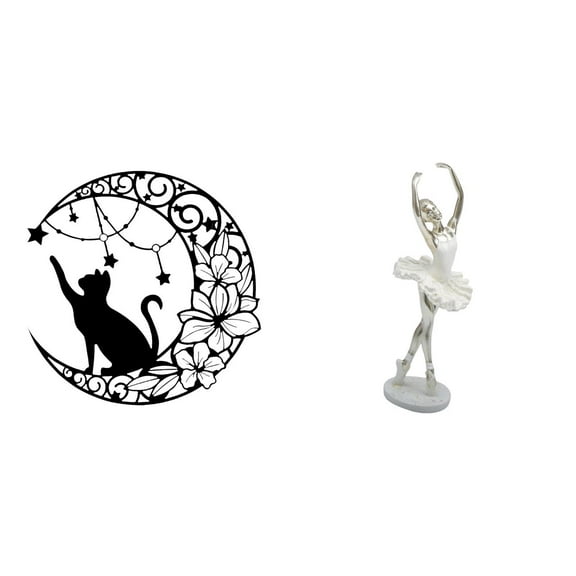 Kuntesetty Creative Modern Dancing Girl Ballerina Figurine Metal Wall Art Black Cat Sculpture Desktop Ornament for Bedroom Office Entrance Cat Lover Gifts