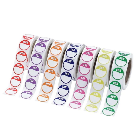 Kuntesetty Day of The Week Labels 7 Rolls/3500 Pcs 2cm Date Dot Stickers Inventory Stickers