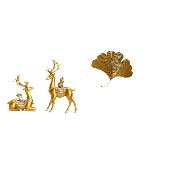Kuntesetty Deer Figurines Reindeer Sculptures Elk Collectible Ornaments Decorative Statues with Wrought Iron Ginkgo Leaves Wall Mounted Abstract Sculpture for Shelf Desk Living Room Office