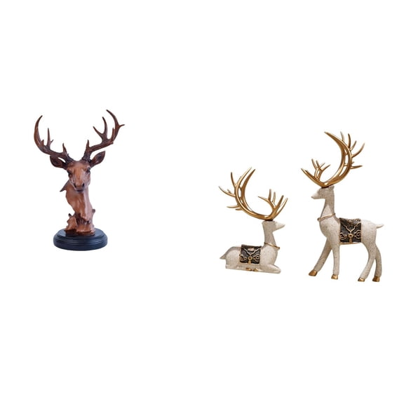 Kuntesetty Deer Head Ornament Figurine Craft Animal Statue Home Decor Decorative Adornment Resin NightStand Desktop Reindeer Sitting Standing Statues Ornaments Deer Figurines Living Room Office
