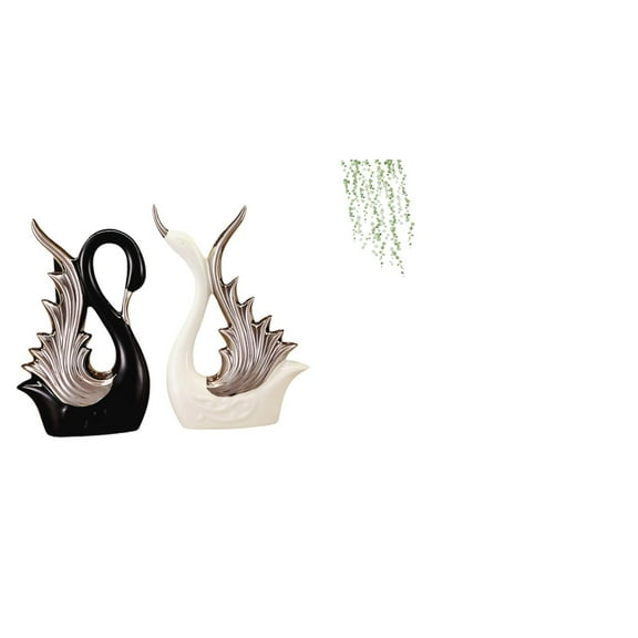 Kuntesetty Elegant Ceramic Swan Figurines And Green Plant Leaves Wall Art Sculpture Collection for Anniversary Shelf Fireplace Restroom Bedroom Decor