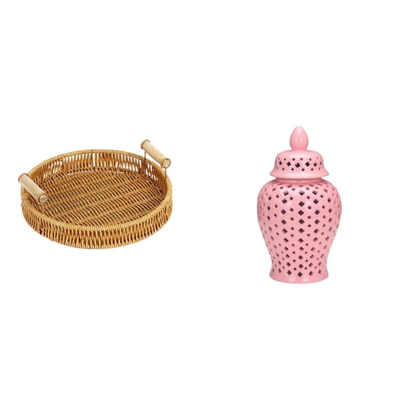 Kuntesetty Elegant Desktop Fruit Basket and Bread Plate with Ceramic Porcelain Jar Vase Lid for Floral Arrangement and Decorative Snack Storage Display