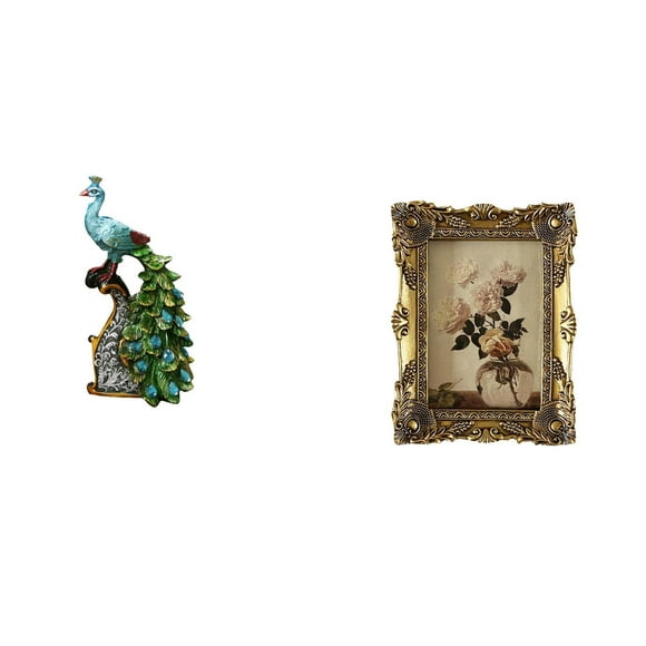 Kuntesetty Elegant Peacock Animal Sculpture and Ornate Vintage Resin Photo Frame Collection for Bedroom Office Living Room Tabletop Hallway Wedding Decoration
