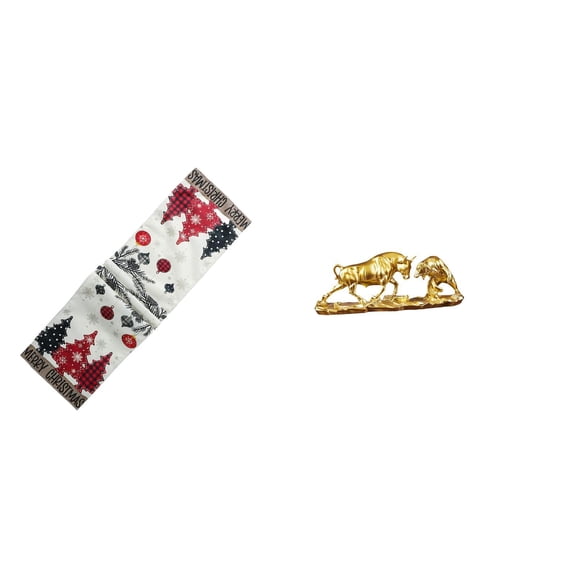 Kuntesetty Festive Winter Table Decor with Reusable Christmas Tree Tablecloth and Modern Bull Bear Cow Animal Sculpture for Holiday Farmhouse Desk Cabinet