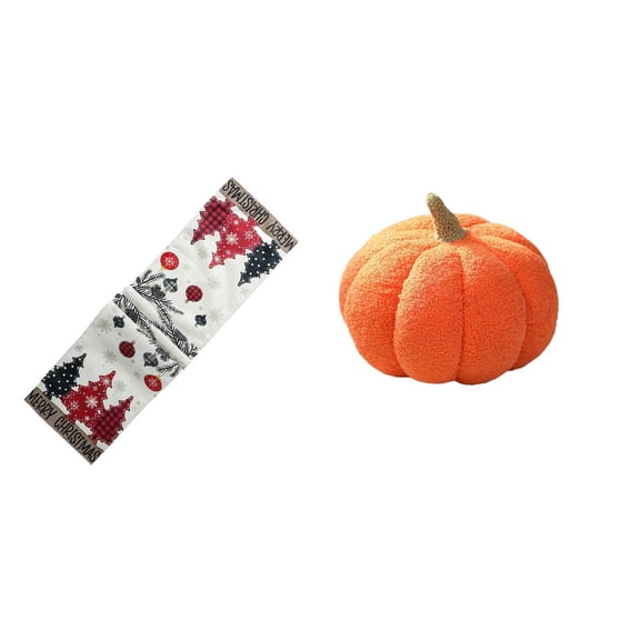 Kuntesetty Festive Winter Table Runner and Pumpkin Pillow Set for Seasonal Holiday Decor Reusable Xmas Tree Tablecloth and Plush Sofa Cushion Bedroom