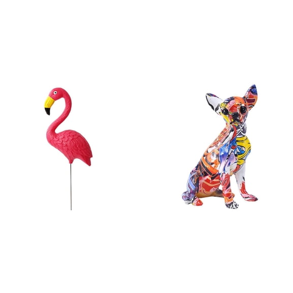 Kuntesetty Flamingo and Chihuahua Garden Sculpture Ornament for Spring Holiday Decor Colorful Puppy Figurine Yard Art Accessory
