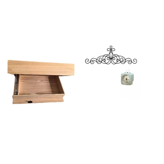 Kuntesetty Floating Shelf Wall Mounted Drawer with Compartment and Scroll Metal Wall Art Decor Plaque for Home Office Dorm Patio Indoor Outdoor