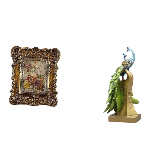 Kuntesetty Floral Peacock Photo Frame Sculpture Decorative Tabletop Wall Mounted Antique Picture Holder Ornament for Office Home Wedding Birthday Gift