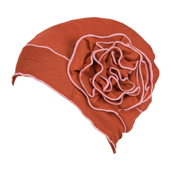 Kuntesetty For Ladies Solid Elastic Flower Hat Turban Chemo Cancer Hair Loss Cap Head Wrap orange red