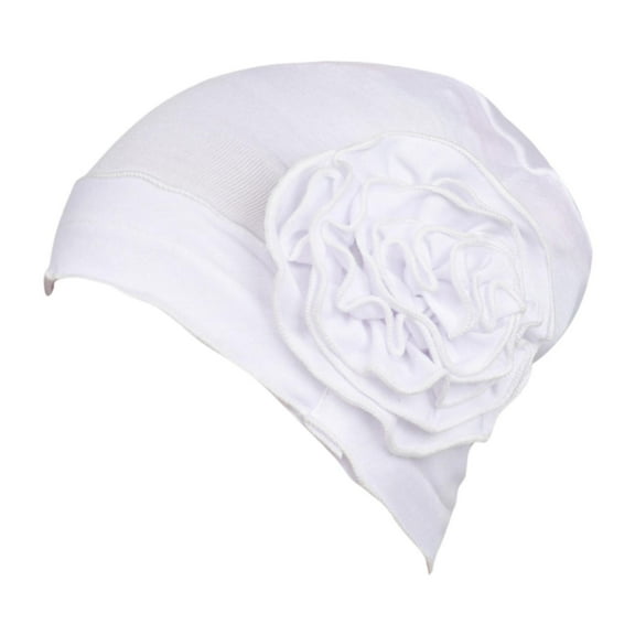 Kuntesetty For Ladies Solid Elastic Flower Hat Turban Chemo Cancer Hair Loss Cap Head Wrap white