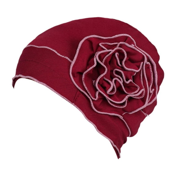 Kuntesetty For Ladies Solid Elastic Flower Hat Turban Chemo Cancer Hair Loss Cap Head Wrap wine red