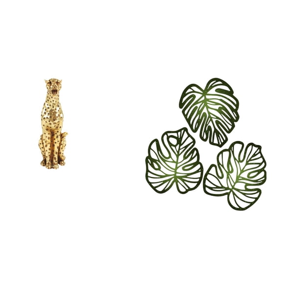 Kuntesetty Golden Palm Cheetah Sculpture Creative Animal Table Centerpiece Tropical Wooden Wall Art Jungle Decor Ornament for Office Home Bedroom