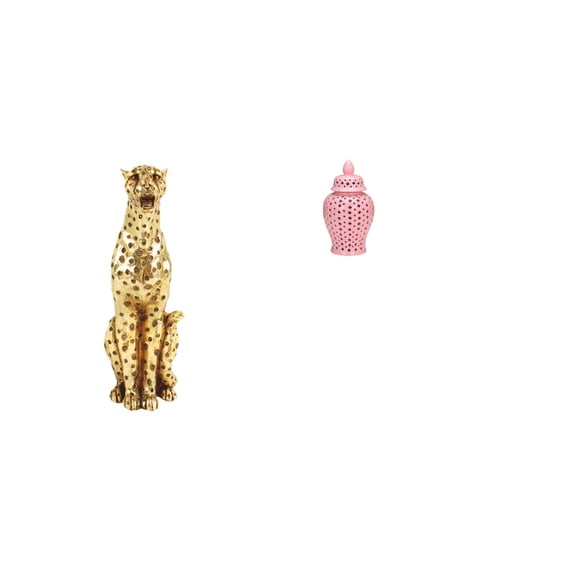 Kuntesetty Golden Porcelain Cheetah Jar Sculpture Decorative Centerpiece Tabletop Ornament with Lid for Office Home Floral Arrangement Display Vase