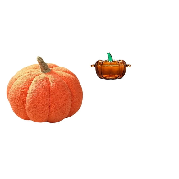 Kuntesetty Halloween Pumpkin Plush Cushion for Sofa Bed Room Decor and Glass Candy Dish Lid Shaped Bowl Cookie Jar Orange