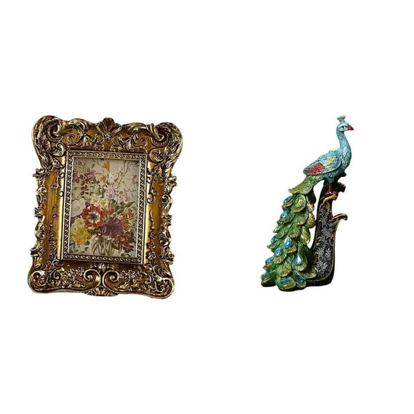 Kuntesetty Hand Carved Floral Peacock Photo Frame Sculpture Collection Elegant Tabletop Wall Mounted Antique Picture Holder Ornament for Office Dorm Home Bedroom Living Room Bookshelf