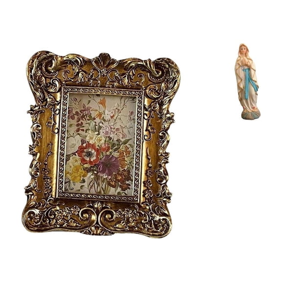 Kuntesetty Hand Carved Floral Virgin Mary Photo Frame with Antique Lady of Luther Figurine Decorative Tabletop Wall Mounted Picture Holder for Office Home Decor Wedding Gift