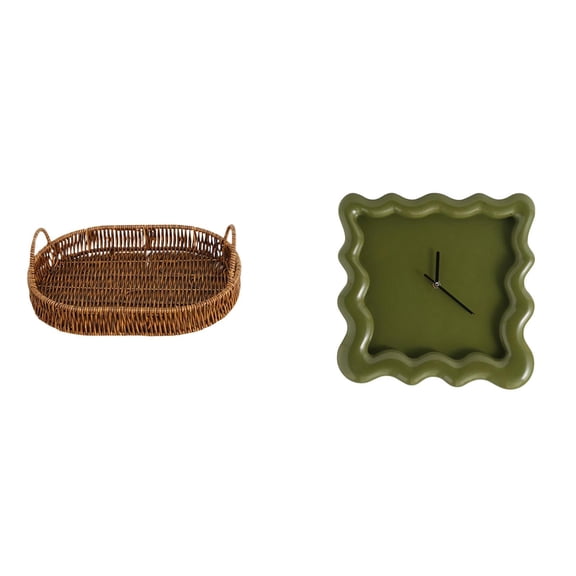 Kuntesetty Hand Woven Rattan Fruit Basket Oval Plate Organizer for Hotel Home with Square Wall Clock Decoration Silent Accurate Ornament Hanging for Kitchen Study