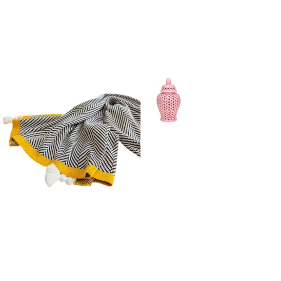 Kuntesetty Knitted Ceramic Throw Blanket Jar Striped Porcelain Soft Warm Farmhouse Decorative Storage Blanket Vase Lid Floral Arrangement Ornament Flower Display Bedroom Sofa Bed Chair Party