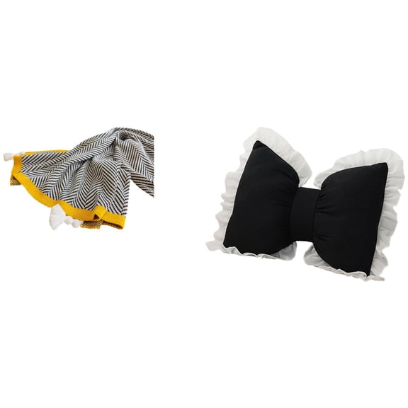 Kuntesetty Knitted Striped Bow Throw Blanket Soft Warm Farmhouse Decor Cushion for Bedroom Sofa Bed Chair Modern Home Furnishing Comfortable Bedside Study Room Office Chair Indoor