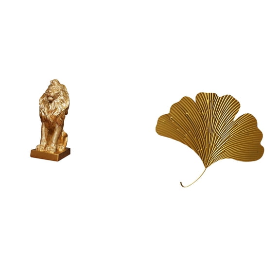 Kuntesetty Majestic Lion Figurine and Ginkgo Leaf Abstract Sculpture Collectible Tabletop Ornament for Office Home Living Room Hotel Dining Room Restaurant