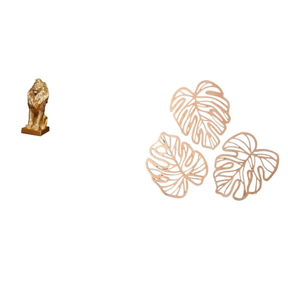 Kuntesetty Majestic Lion Figurine and Tropical Palm Leaves Wooden Art Sculpture Creative Jungle Decor for Office Home Bookshelf Bathroom TV Background