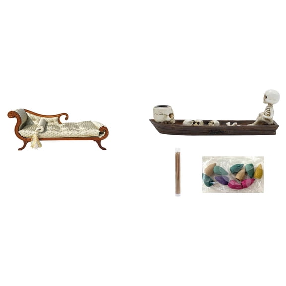Kuntesetty Miniature Skull Sofa Model Wooden Ship Bed DIY Accs Photo Props Mini Bench Chair Lounge Furniture Room Incense Burner Tabletop Ornament Halloween Decoration Sculpture Holder for