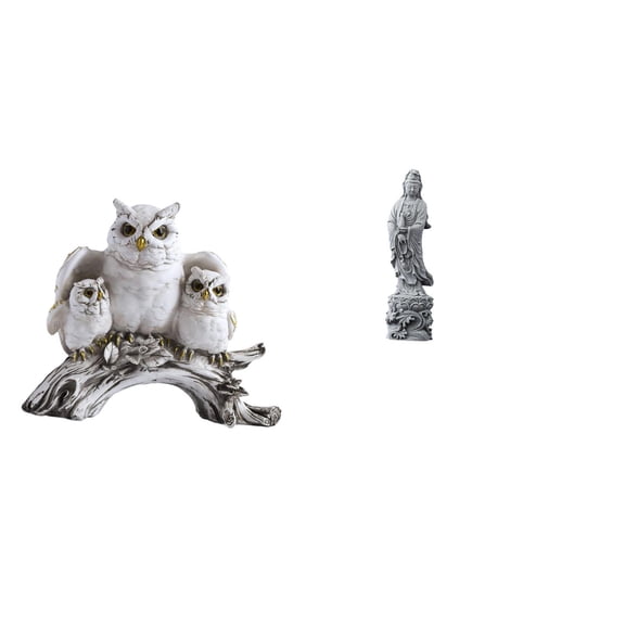 Kuntesetty Modern Owl Sculpture Figurine Tabletop Ornament for Living Room Office Cabinet Decor NightStand with Guan Yin Stone Statue Feng Shui Buddhist Decoration Collectible for Indoor