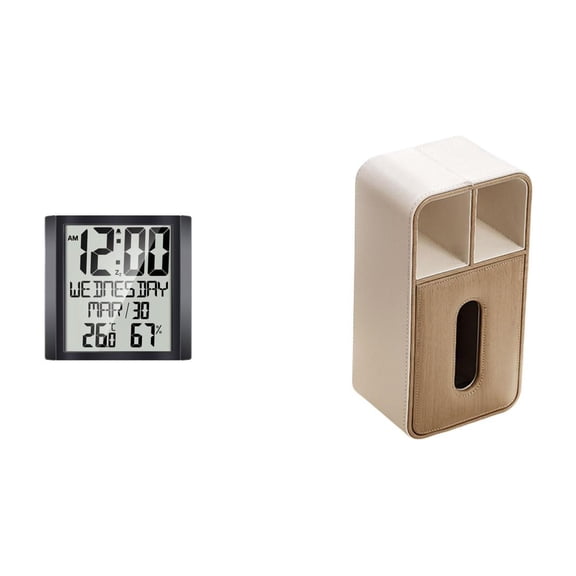 Kuntesetty Modern Versatile Digital Wall Clock and Multipurpose Rectangular Tissue Dispenser Practical Desk Clock for Living Room Bedroom Office Remote Controller Holder