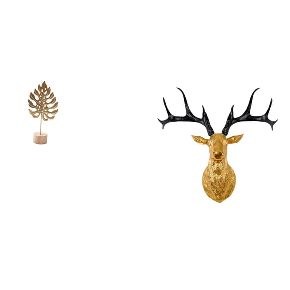 Kuntesetty Nordic Abstract Metal Leaf Figurine and Resin Deer Head Wall Sculpture Creative Ornament for Table Party Home Office Boho Artwork Decor