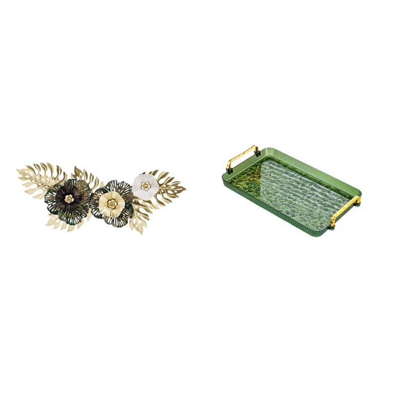 Kuntesetty Nordic Metal Wall Art Flower Leaves Sculpture and Decorative Dessert Plate Coffee Table Tray with Handle for Dining Room Home Decorations