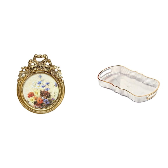 Kuntesetty Ornate European Antique Photo Frame and Food Serving Tray for Wedding Gift Ideas Vintage Picture Frame Round 3x3 inch Bathroom Vanity Tray Fruit Tray Cafe Cafeteria Cosmetic Storage