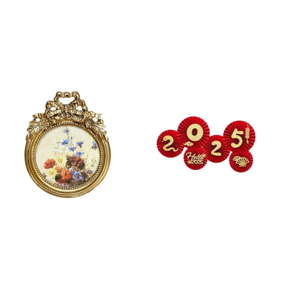 Kuntesetty Ornate European Round Photo Frame and Chinese New Year Paper Fan Decorations for Wedding Gift Ideas and Spring Festival Celebration Wall Display