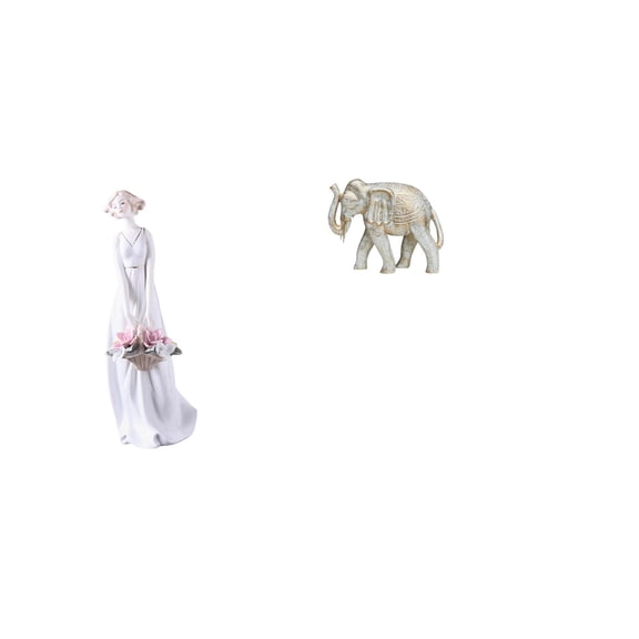 Kuntesetty Porcelain Lady Elephant Figurine Modern Nordic Girl Statue Hand Carved Wooden Animal Sculpture Ornament for Shelf Desk Cabinet Decoration