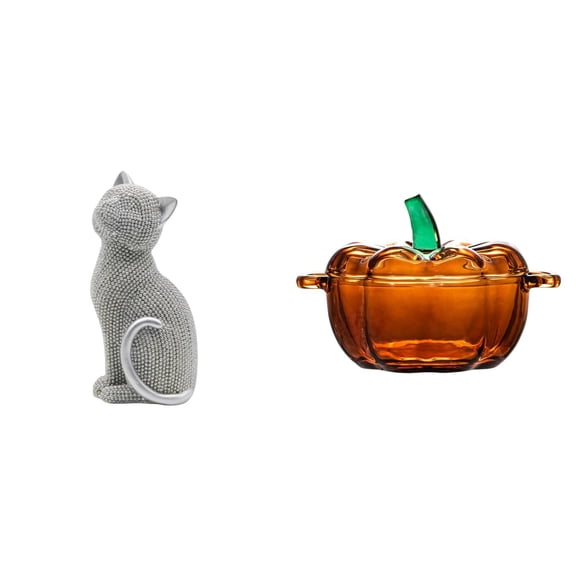 Kuntesetty Resin Cat Figurine Pumpkin Shaped Glass Candy Dish Decorative Animal Sculpture with Lid Collectible Cookie Jar for Living Room Bedroom Entrance Bookshelf