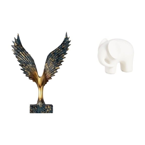 Kuntesetty Resin Ceramic Spreading Wing Elephant Statue Sculpture Feng Shui Ornament Decorative Animal Figure Collection Collectible Figurine with Nonslip Pads F
