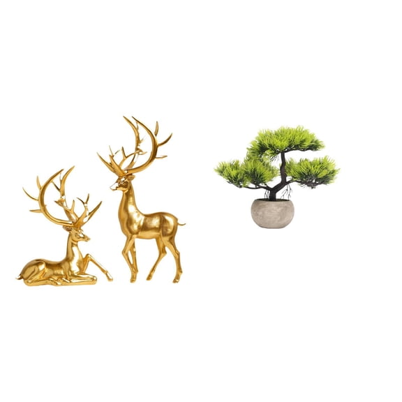 Kuntesetty Resin Deer Figurines and Artificial Bonsai Tree Decorative Sculptures for Living Room Table Centerpieces Greenery Collection Faux Plant