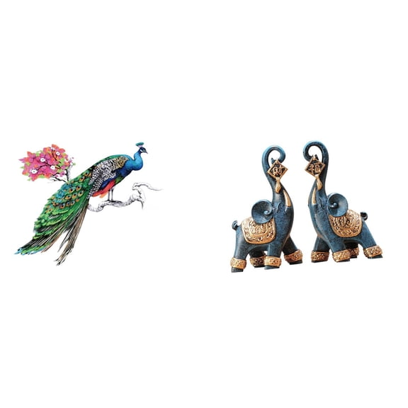 Kuntesetty Retro PVC Wall Sticker and Modern Resin Elephant Figurine Sculpture Ornament for Living Room Kitchen Sofa TV Background Home Office Decoration