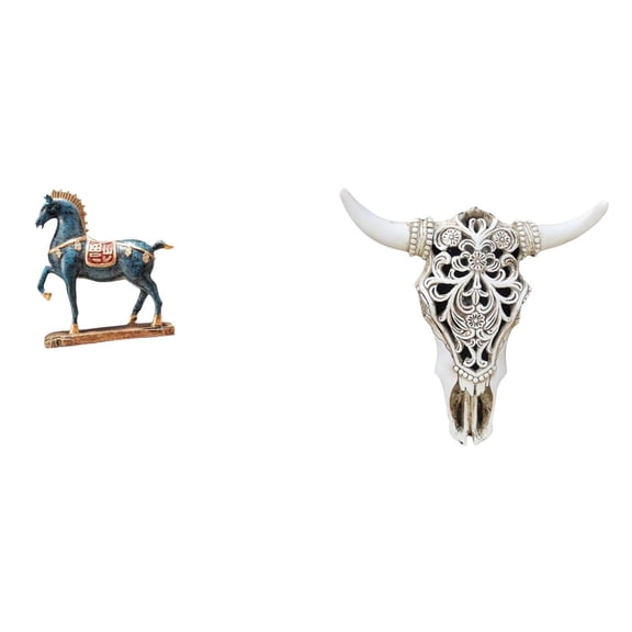 Kuntesetty Standing Horse Sculpture and Tribal Bull Head Wall Hanging Art for Desk Living Room Bookcase Office Farmhouse Bedroom Decoration