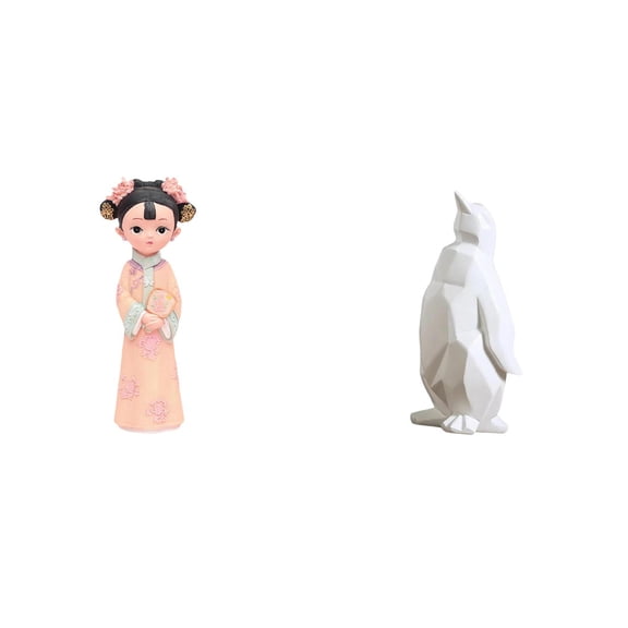 Kuntesetty Traditional Chinese Girl and Penguin Resin Statue Sculpture Miniature Figurine Collectable Craft Decorative Ornament for Bedroom Office Housewarming
