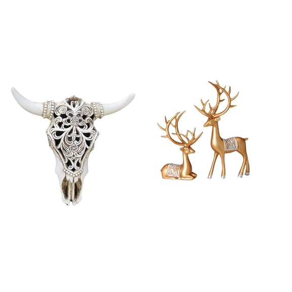 Kuntesetty Tribal Bull Head Wall Hanging Art Sculpture and European Reindeer Statues Collectable Craft for Office Farmhouse Bedroom Decor